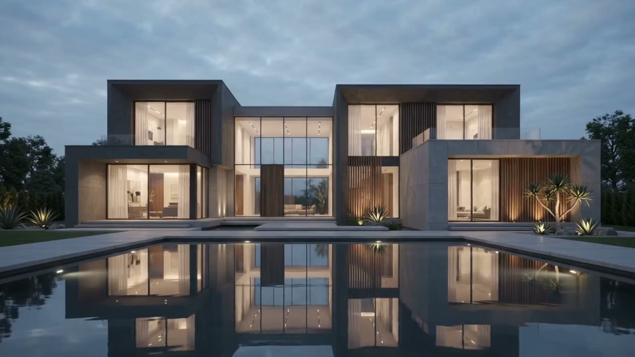 Contemporary luxury residence at dusk with a reflecting pool